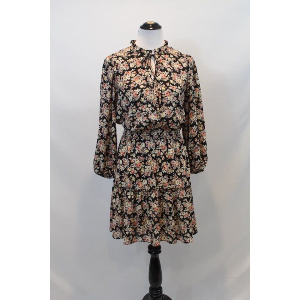 DREW Sz S Small Black Floral Tie Front Peasant Dress Smocked Waist